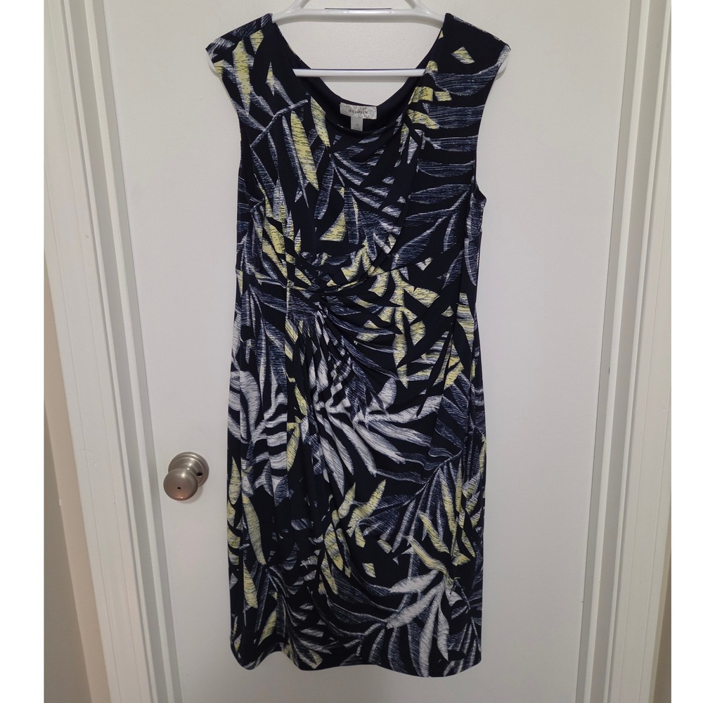 Dressbarn Navy Tropical Palm Leaf Ruched Faux Wrap Sheath Dress Womens 16 - Picture 1 of 5